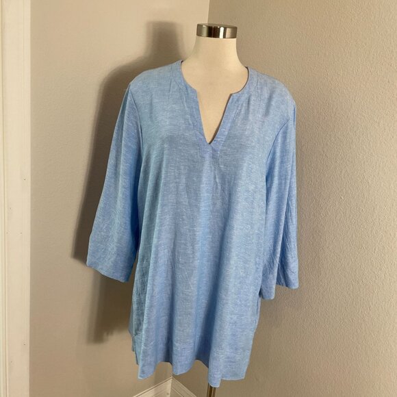 Lands' End Tops - Lands End Womens Plus‎ XXL Blue Linen Blend Tunic Top 3/4 Sleeves V Neck Pockets